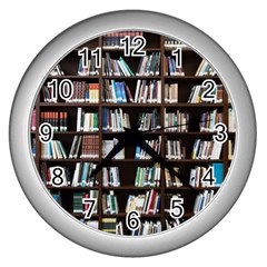 Book Collection In Brown Wooden Bookcases Books Bookshelf Library Wall Clock (silver) by Ravend