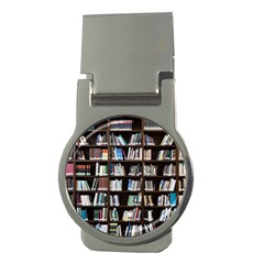 Book Collection In Brown Wooden Bookcases Books Bookshelf Library Money Clips (round)  by Ravend