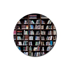 Book Collection In Brown Wooden Bookcases Books Bookshelf Library Rubber Coaster (round) by Ravend