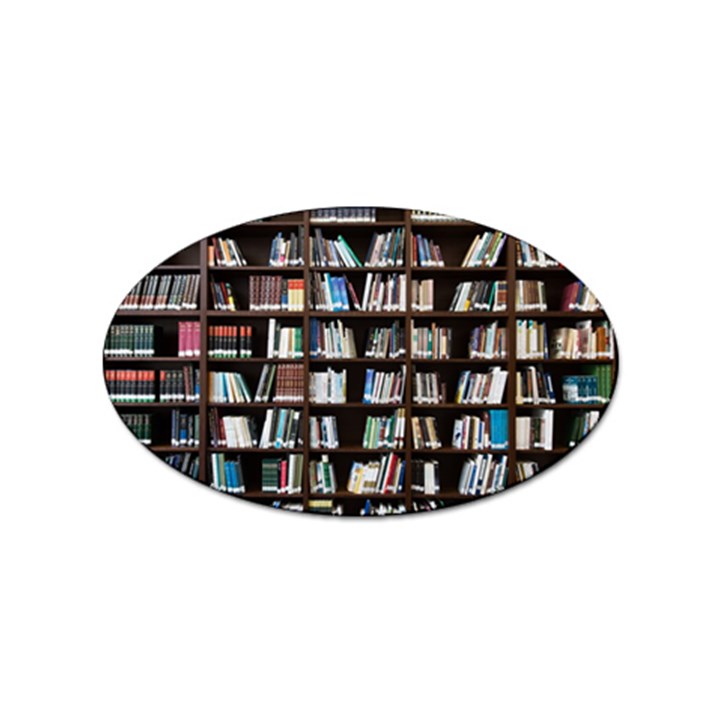 Book Collection In Brown Wooden Bookcases Books Bookshelf Library Sticker (Oval)