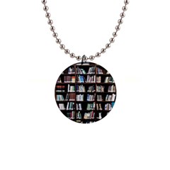 Book Collection In Brown Wooden Bookcases Books Bookshelf Library 1  Button Necklace by Ravend