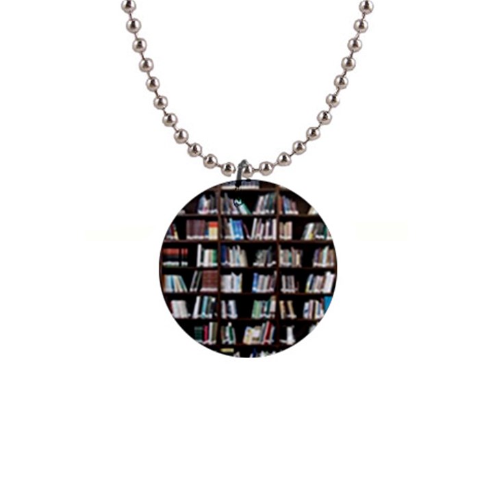 Book Collection In Brown Wooden Bookcases Books Bookshelf Library 1  Button Necklace