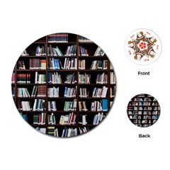 Book Collection In Brown Wooden Bookcases Books Bookshelf Library Playing Cards Single Design (round)