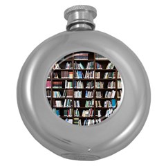 Book Collection In Brown Wooden Bookcases Books Bookshelf Library Round Hip Flask (5 Oz) by Ravend