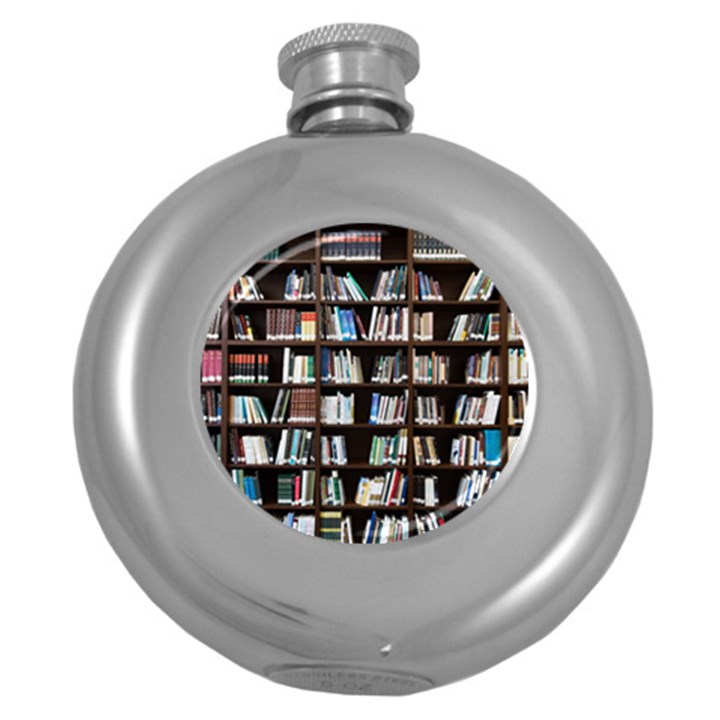 Book Collection In Brown Wooden Bookcases Books Bookshelf Library Round Hip Flask (5 oz)