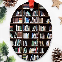 Book Collection In Brown Wooden Bookcases Books Bookshelf Library Oval Ornament (two Sides) by Ravend