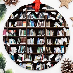 Book Collection In Brown Wooden Bookcases Books Bookshelf Library Ornament (round Filigree) by Ravend