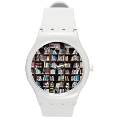 Book Collection In Brown Wooden Bookcases Books Bookshelf Library Round Plastic Sport Watch (m) by Ravend