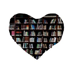 Book Collection In Brown Wooden Bookcases Books Bookshelf Library Standard 16  Premium Heart Shape Cushions by Ravend