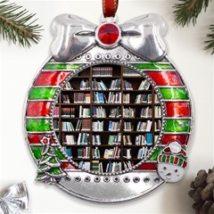 Book Collection In Brown Wooden Bookcases Books Bookshelf Library Metal X mas Ribbon With Red Crystal Round Ornament by Ravend