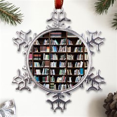 Book Collection In Brown Wooden Bookcases Books Bookshelf Library Metal Large Snowflake Ornament by Ravend