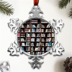 Book Collection In Brown Wooden Bookcases Books Bookshelf Library Metal Small Snowflake Ornament by Ravend