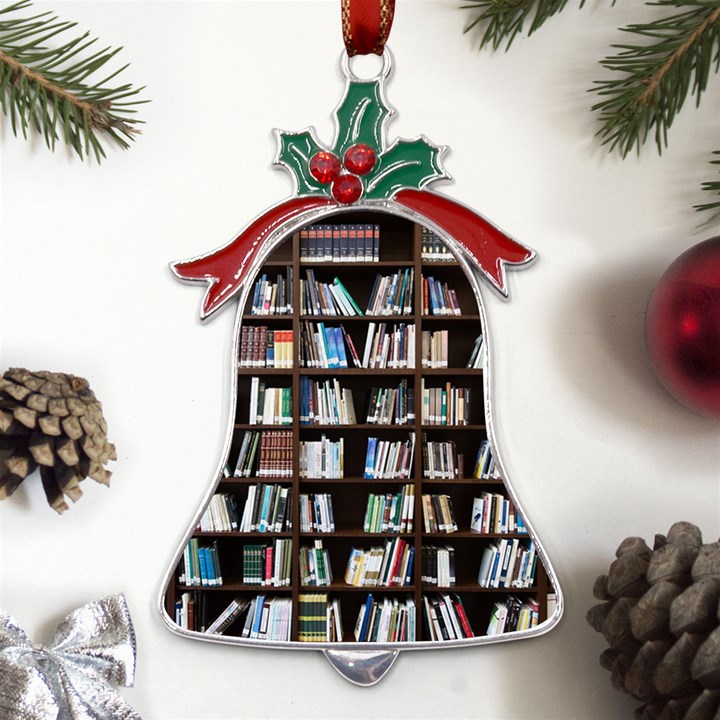 Book Collection In Brown Wooden Bookcases Books Bookshelf Library Metal Holly Leaf Bell Ornament