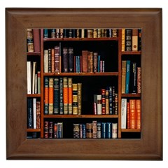 Assorted Title Of Books Piled In The Shelves Assorted Book Lot Inside The Wooden Shelf Framed Tile by Ravend