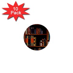 Assorted Title Of Books Piled In The Shelves Assorted Book Lot Inside The Wooden Shelf 1  Mini Buttons (10 Pack)  by Ravend