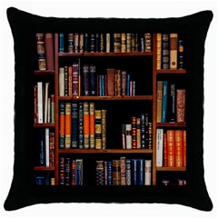 Assorted Title Of Books Piled In The Shelves Assorted Book Lot Inside The Wooden Shelf Throw Pillow Case (black) by Ravend