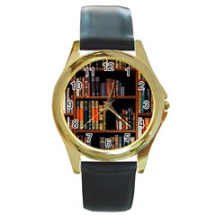 Assorted Title Of Books Piled In The Shelves Assorted Book Lot Inside The Wooden Shelf Round Gold Metal Watch by Ravend