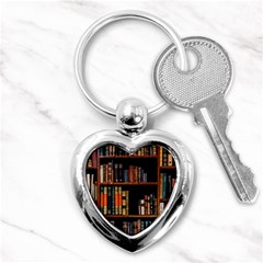 Assorted Title Of Books Piled In The Shelves Assorted Book Lot Inside The Wooden Shelf Key Chain (heart) by Ravend