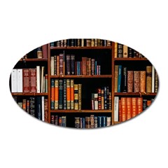 Assorted Title Of Books Piled In The Shelves Assorted Book Lot Inside The Wooden Shelf Oval Magnet by Ravend