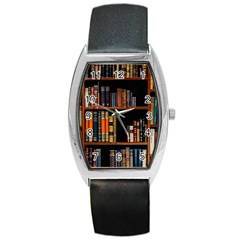 Assorted Title Of Books Piled In The Shelves Assorted Book Lot Inside The Wooden Shelf Barrel Style Metal Watch by Ravend