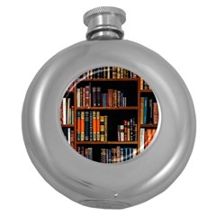 Assorted Title Of Books Piled In The Shelves Assorted Book Lot Inside The Wooden Shelf Round Hip Flask (5 Oz) by Ravend