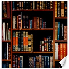 Assorted Title Of Books Piled In The Shelves Assorted Book Lot Inside The Wooden Shelf Canvas 12  X 12  by Ravend