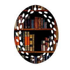 Assorted Title Of Books Piled In The Shelves Assorted Book Lot Inside The Wooden Shelf Oval Filigree Ornament (two Sides) by Ravend