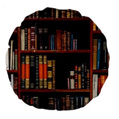 Assorted Title Of Books Piled In The Shelves Assorted Book Lot Inside The Wooden Shelf Large 18  Premium Round Cushions by Ravend