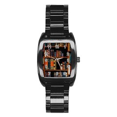 Assorted Title Of Books Piled In The Shelves Assorted Book Lot Inside The Wooden Shelf Stainless Steel Barrel Watch by Ravend