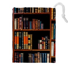 Assorted Title Of Books Piled In The Shelves Assorted Book Lot Inside The Wooden Shelf Drawstring Pouch (4xl) by Ravend