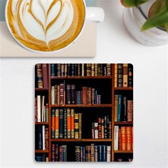 Assorted Title Of Books Piled In The Shelves Assorted Book Lot Inside The Wooden Shelf Uv Print Square Tile Coaster  by Ravend