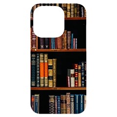 Assorted Title Of Books Piled In The Shelves Assorted Book Lot Inside The Wooden Shelf Iphone 14 Pro Black Uv Print Case by Ravend