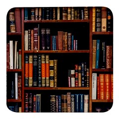 Assorted Title Of Books Piled In The Shelves Assorted Book Lot Inside The Wooden Shelf Square Glass Fridge Magnet (4 Pack) by Ravend