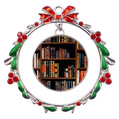 Assorted Title Of Books Piled In The Shelves Assorted Book Lot Inside The Wooden Shelf Metal X mas Wreath Ribbon Ornament by Ravend