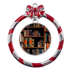 Assorted Title Of Books Piled In The Shelves Assorted Book Lot Inside The Wooden Shelf Metal Red Ribbon Round Ornament by Ravend