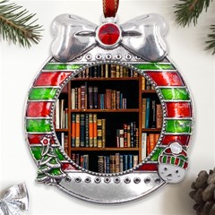 Assorted Title Of Books Piled In The Shelves Assorted Book Lot Inside The Wooden Shelf Metal X mas Ribbon With Red Crystal Round Ornament by Ravend