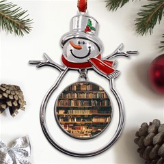 Books On Bookshelf Assorted Color Book Lot In Bookcase Library Metal Snowman Ornament by Ravend