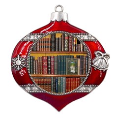 Books-library-bookshelf-bookshop Metal Snowflake And Bell Red Ornament by Ravend