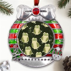 Frog Pattern Metal X mas Ribbon With Red Crystal Round Ornament by Valentinaart