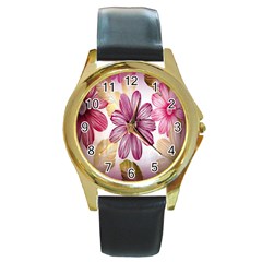 Print-roses Round Gold Metal Watch by nateshop