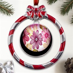 Print-roses Metal Red Ribbon Round Ornament