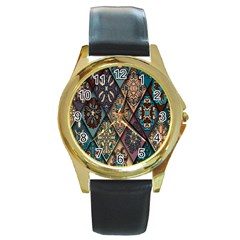 Flower Texture, Background, Colorful, Desenho, Round Gold Metal Watch by nateshop