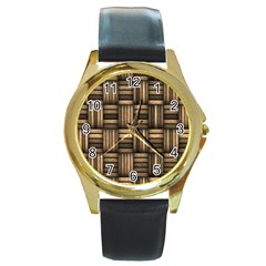 Brown Weaving Texture, Macro, Brown Wickerwork Round Gold Metal Watch by nateshop