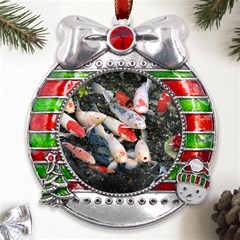 Koi Fish Nature Metal X mas Ribbon With Red Crystal Round Ornament