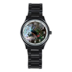 Peacock Art Painting Stainless Steel Round Watch by Ndabl3x