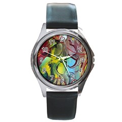 Detail Of A Bright Abstract Painted Art Background Texture Colors Round Metal Watch by Ndabl3x