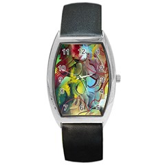 Detail Of A Bright Abstract Painted Art Background Texture Colors Barrel Style Metal Watch by Ndabl3x