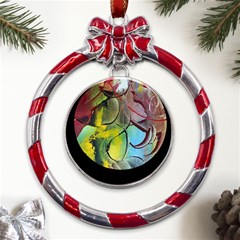 Detail Of A Bright Abstract Painted Art Background Texture Colors Metal Red Ribbon Round Ornament