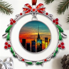 New York City Skyline Usa Metal X mas Wreath Ribbon Ornament by Ndabl3x