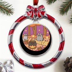 Pusheen Cute Fall The Cat Metal Red Ribbon Round Ornament